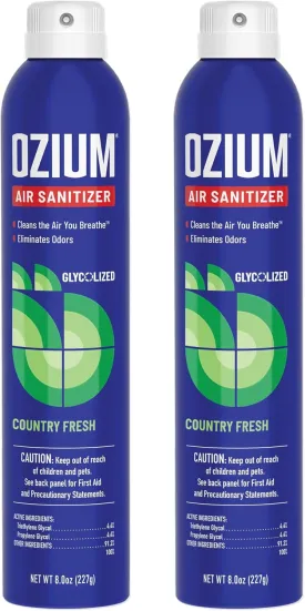 Ozium Air Sanitizer Spray - Room Odor Eliminator for Home, Car, and Office - Country Fresh Air Cleaner - 8 oz Can - 2 Pack