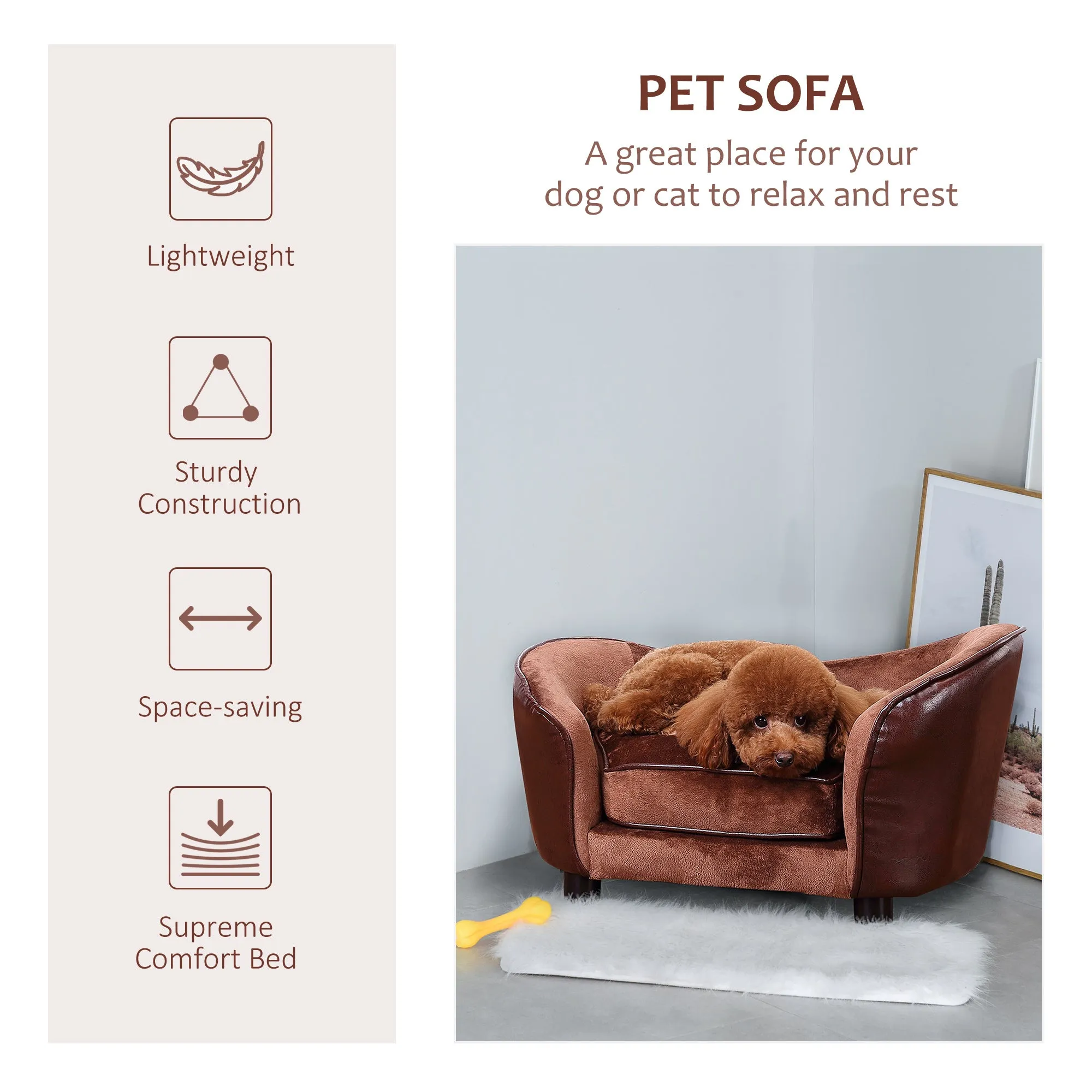 PawHut Dog Sofa Chair W/ Legs Cushion for XS Dog Cat 68.5x40.5x40.5 cm, Brown