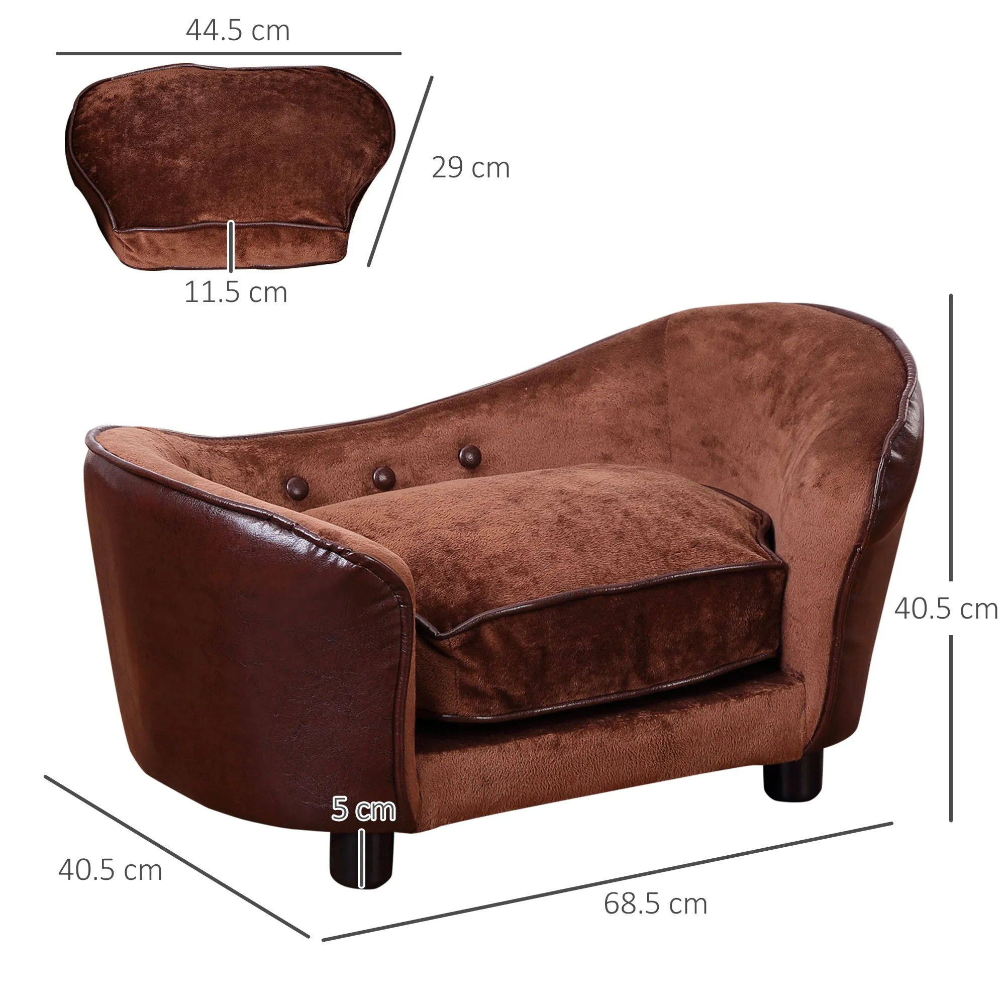 PawHut Dog Sofa Chair W/ Legs Cushion for XS Dog Cat 68.5x40.5x40.5 cm, Brown