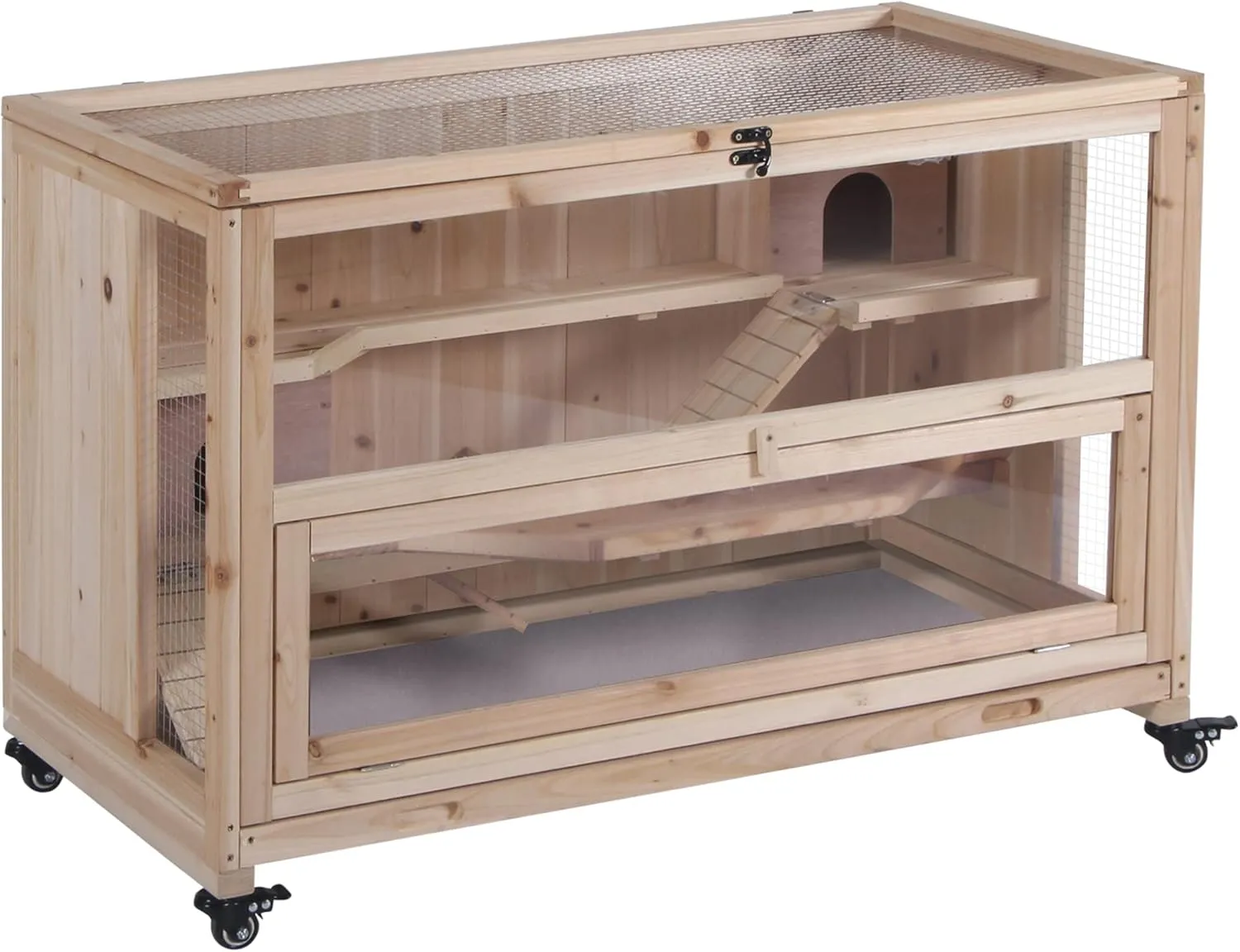PawHut Extra Large Wooden Hamster Cage and Habitat Playground with 3 Ladders and 2 Huts, Syrian & Dwarf Hamster Small Animal Cage, Wheels, Pull-Out Tray, Natural