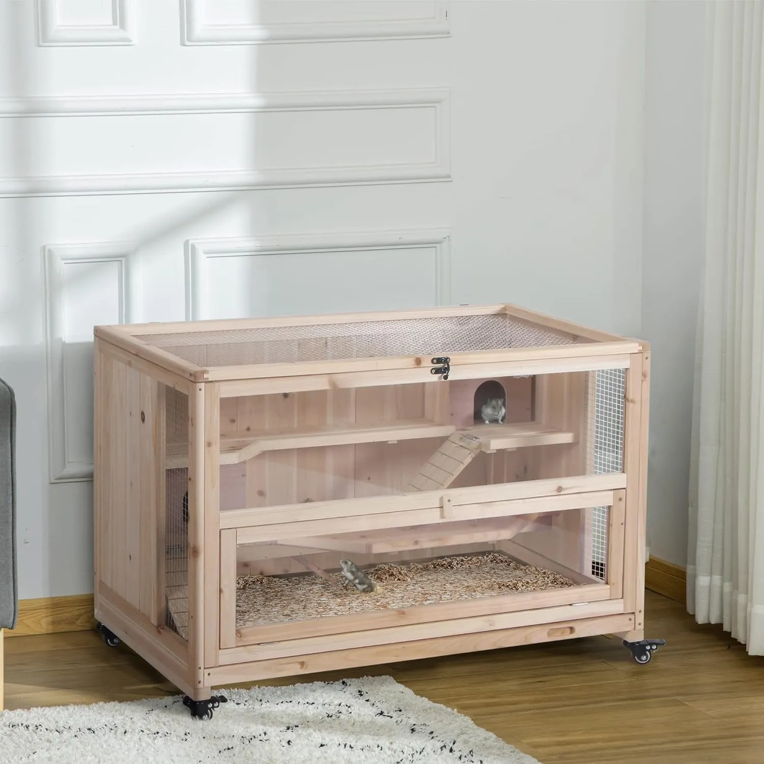 PawHut Extra Large Wooden Hamster Cage and Habitat Playground with 3 Ladders and 2 Huts, Syrian & Dwarf Hamster Small Animal Cage, Wheels, Pull-Out Tray, Natural