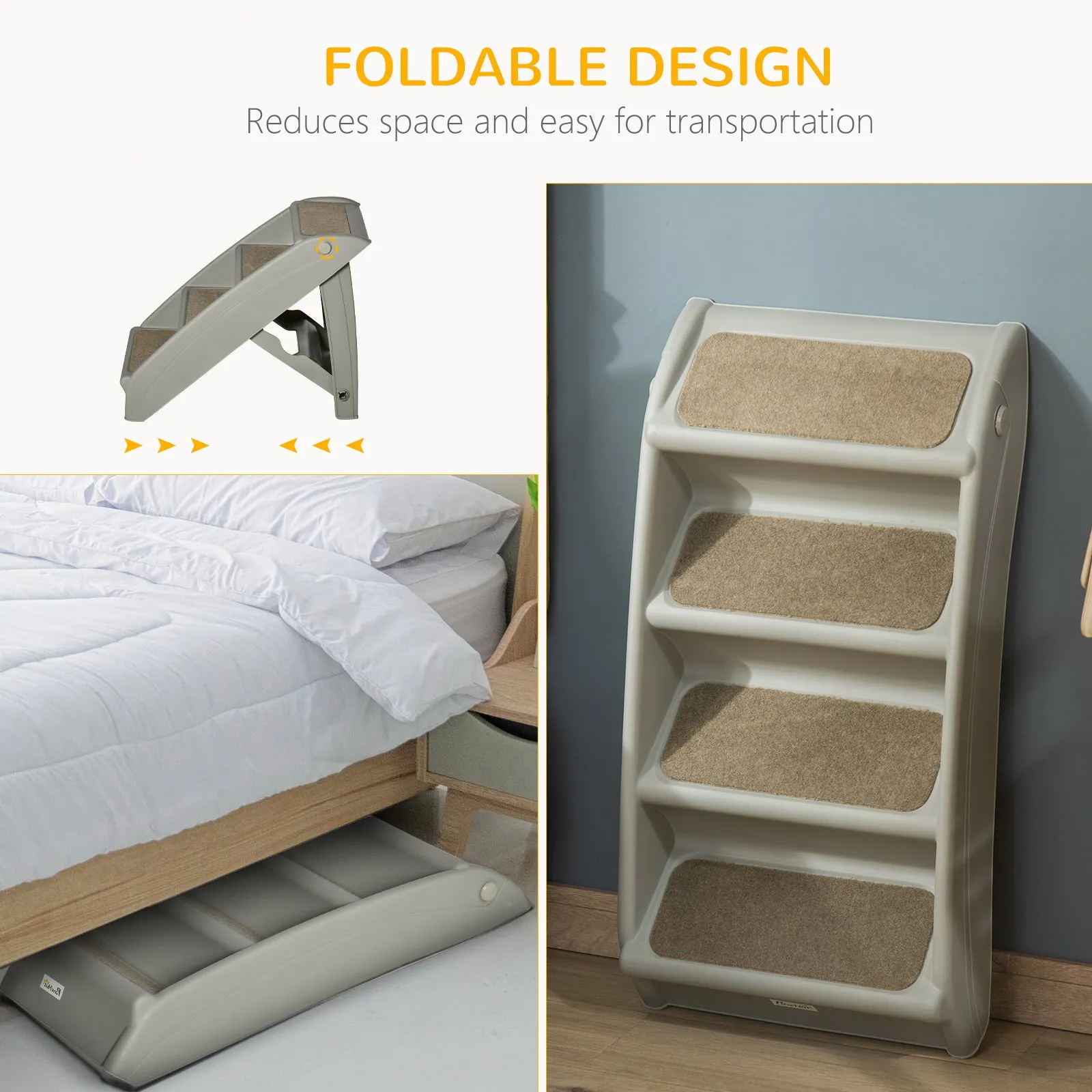 PawHut Four-Step Foldable Pet Stairs w/ Non-Slip Mats, for S, XS Dogs - Grey