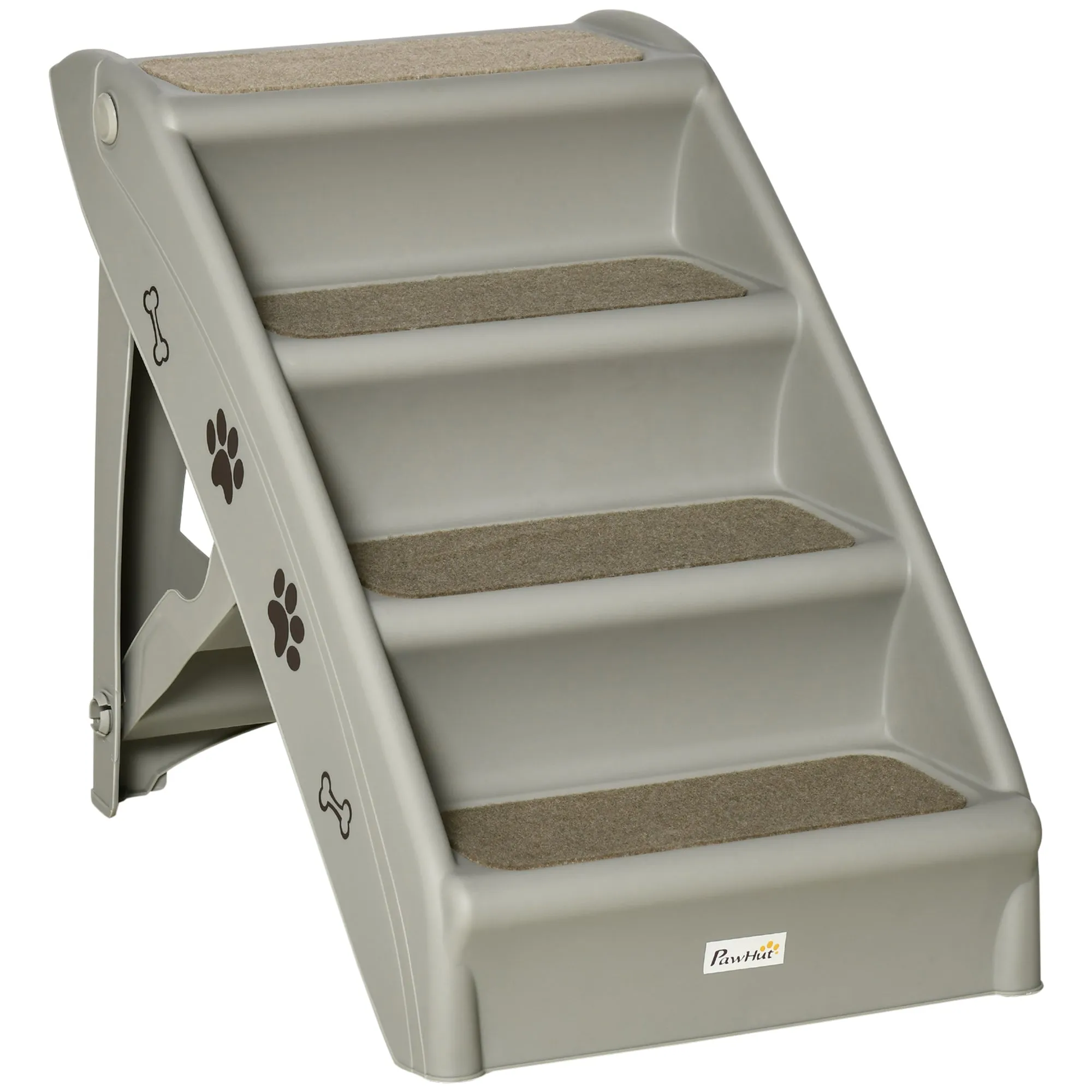 PawHut Four-Step Foldable Pet Stairs w/ Non-Slip Mats, for S, XS Dogs - Grey