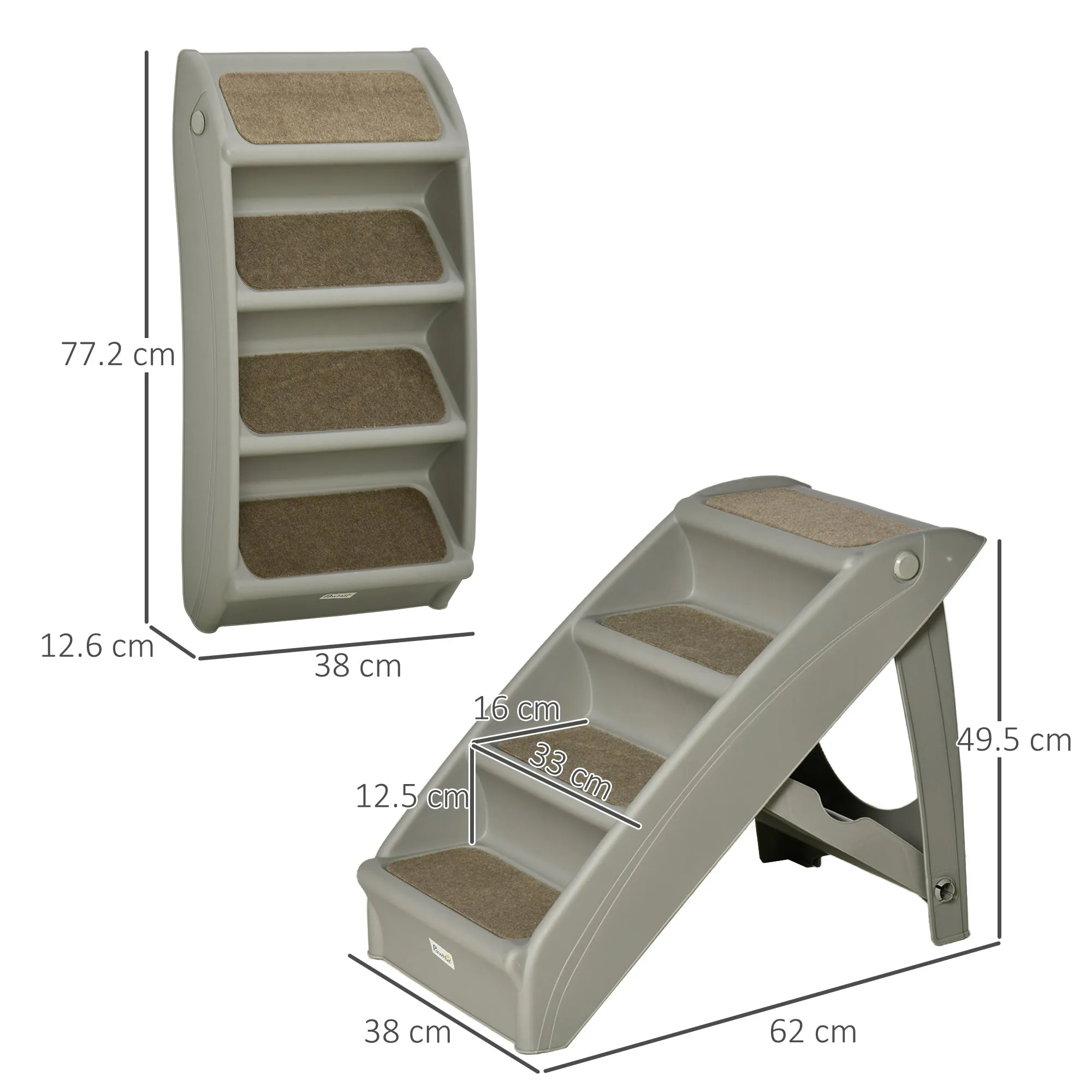 PawHut Four-Step Foldable Pet Stairs w/ Non-Slip Mats, for S, XS Dogs - Grey
