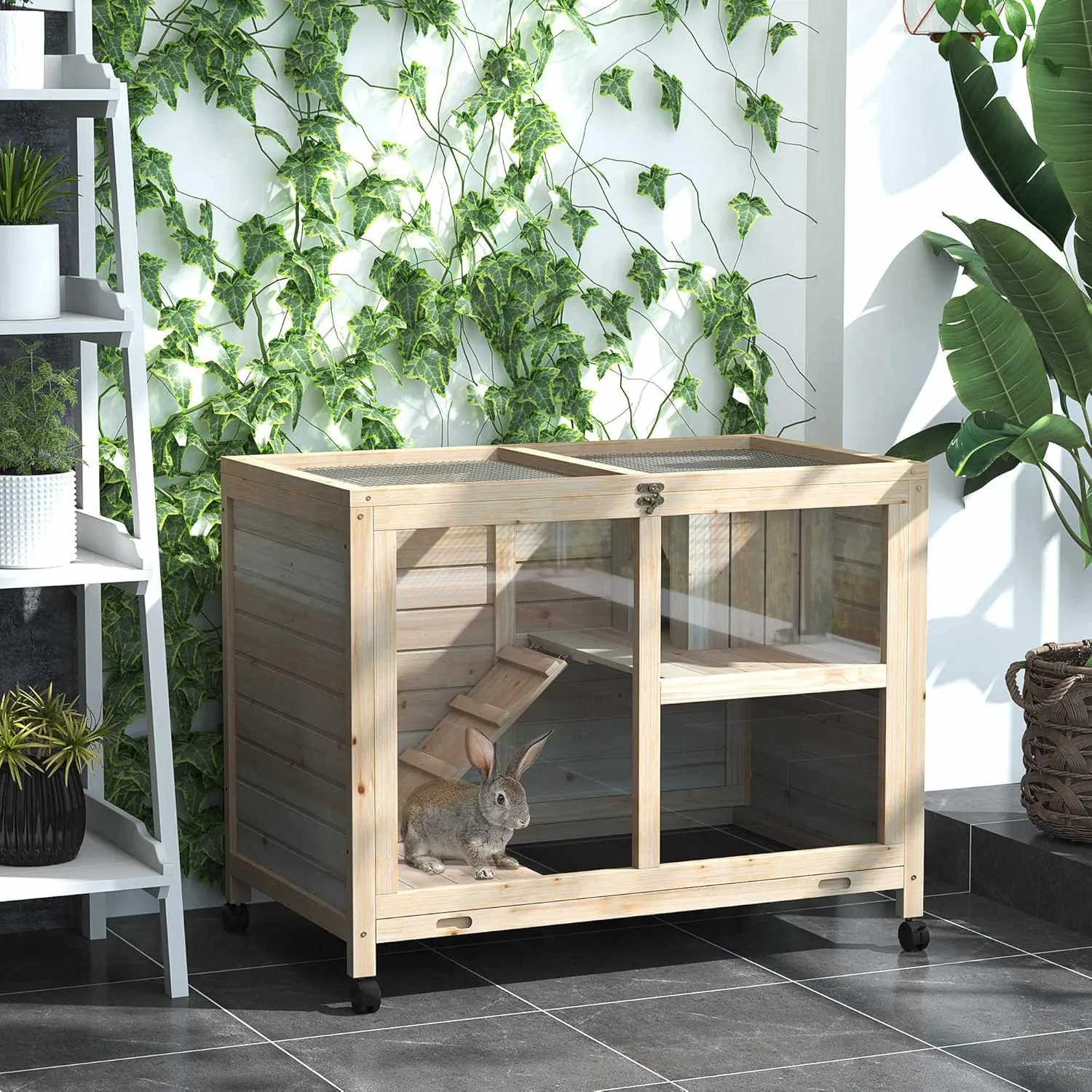 PawHut Rabbit Hutch with Wheels, Desk and Side Table Sized, Wooden Rabbit Cage, Waterproof Small Bunny Cage with Removable Tray, Openable Roof, for Indoor & Outdoor, Natural