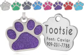 Pet ID Tags, Personalized Dog Tags and Cat Tags, Custom Engraved, Easy to Read, Cute Glitter Paw Pet Tag (Glitter Purple)