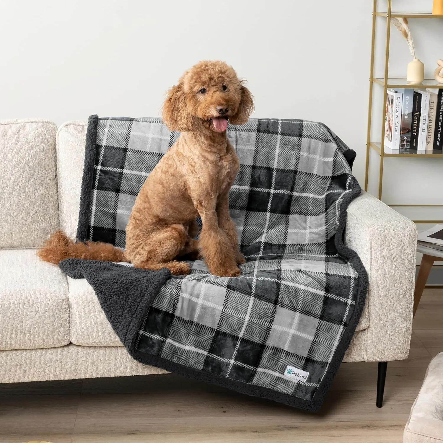 PetAmi Waterproof Dog Blanket for Bed, XL Dog Pet Blanket Couch Cover Protection, Sherpa Fleece Leakproof Bed Blanket for Crate Kennel Sofa Furniture Protector, Reversible Soft 80x60 Light Gray/Gray