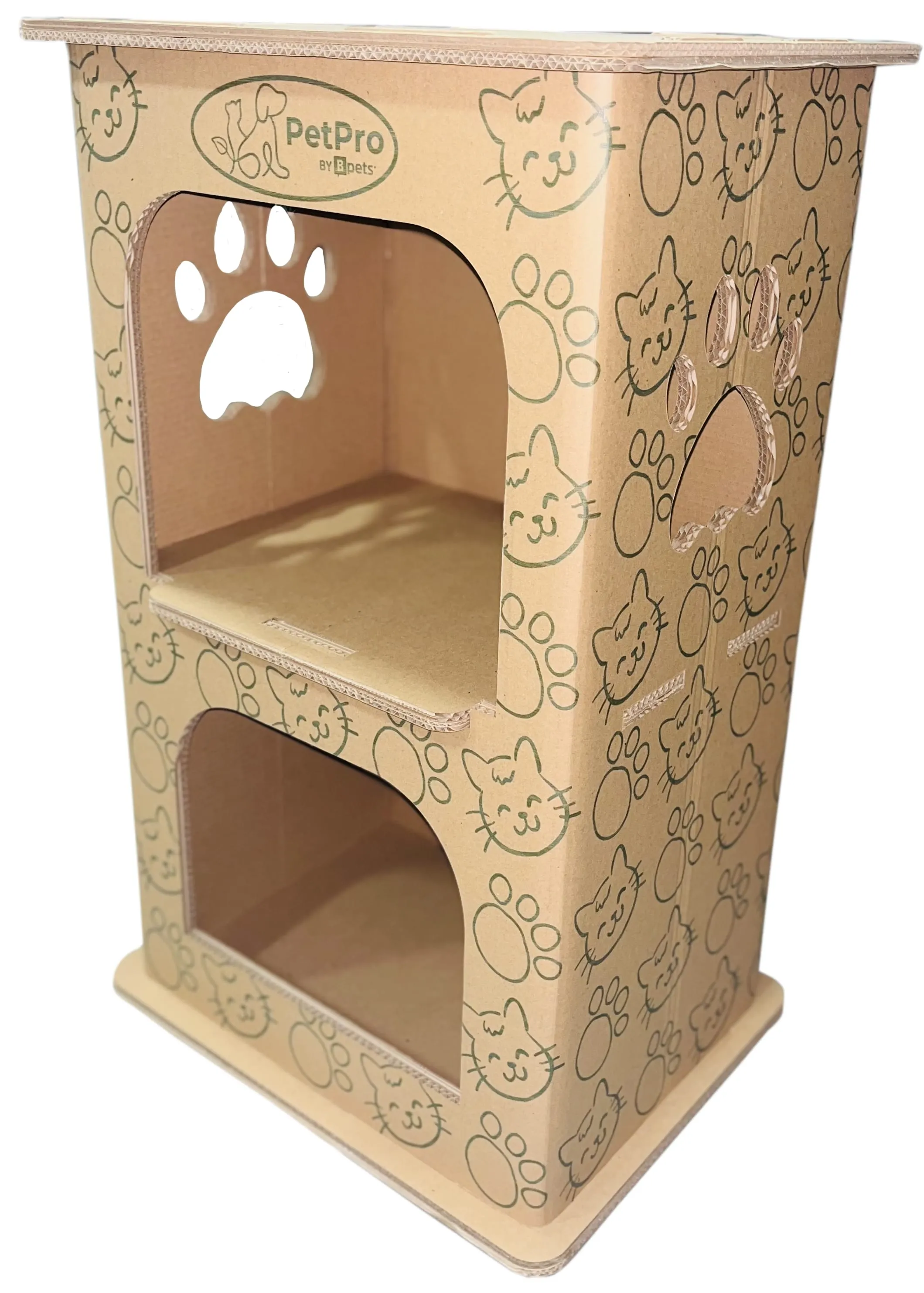 PetPro 2-Floor Pet House, Cat House, Small Animal Hideaway, Eco-Friendly Play House, Corrugated Cardboard Cat Condo, Rabbit Hutch Alternative, Easy Assembly, Durable & Spacious