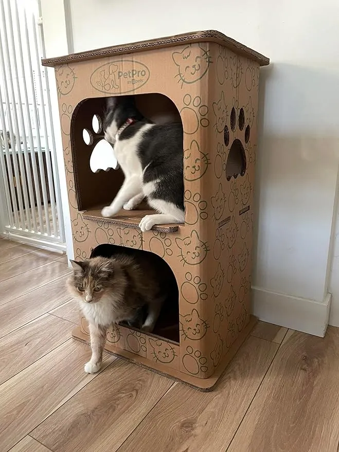 PetPro 2-Floor Pet House, Cat House, Small Animal Hideaway, Eco-Friendly Play House, Corrugated Cardboard Cat Condo, Rabbit Hutch Alternative, Easy Assembly, Durable & Spacious