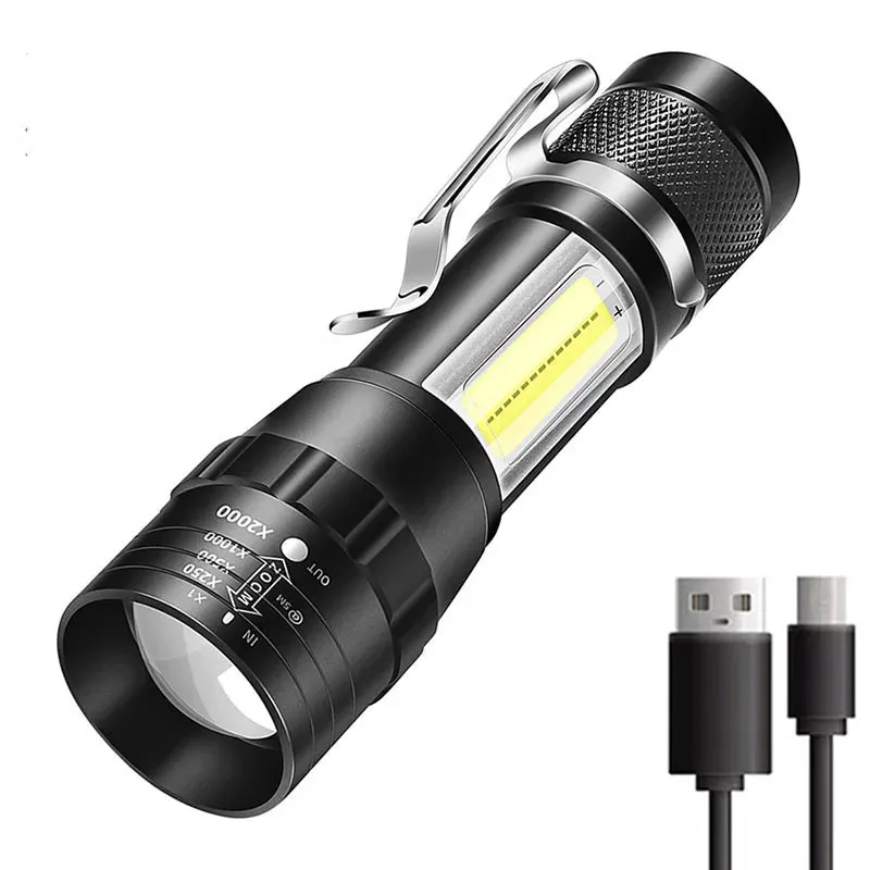 Portable LED Flashlight XPE COB Light Rechargeable Flashlight Built-in Battery Zoom Flashlight 3 Mode Anti-slip And Water