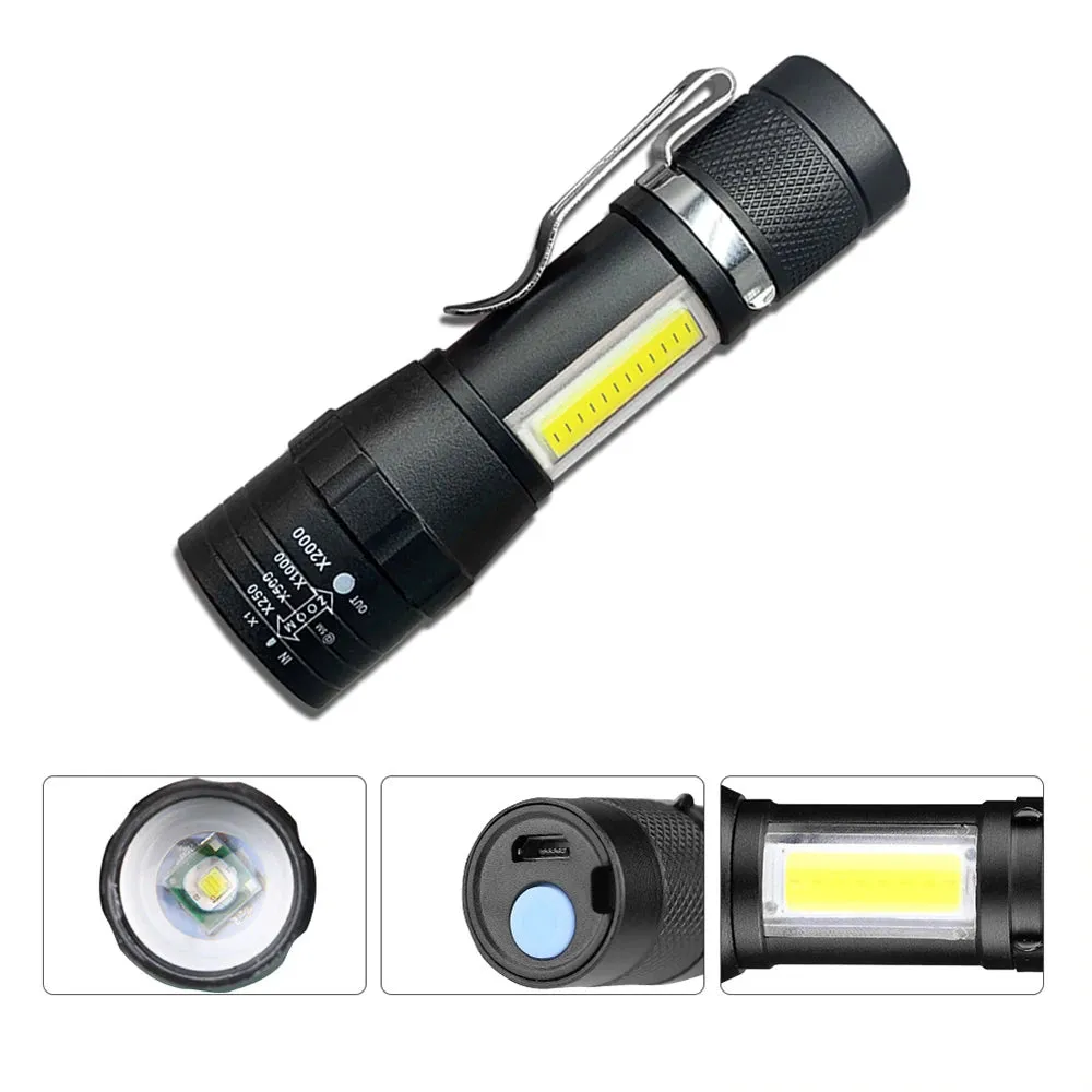 Portable LED Flashlight XPE COB Light Rechargeable Flashlight Built-in Battery Zoom Flashlight 3 Mode Anti-slip And Water