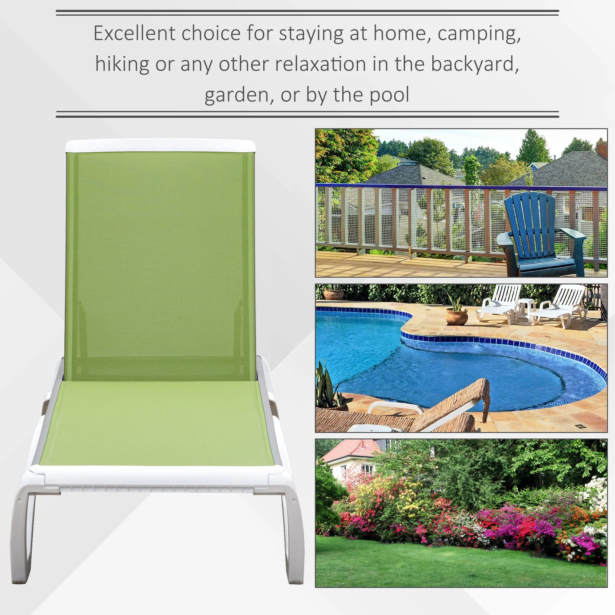 Portable Outdoor Chaise Lounge Sun Lounger with Adjustable Back, Breathable Texteline, Green