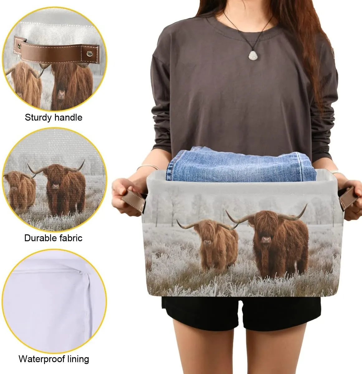 Scottish Highland Cow Storage Basket Fabric Storage Bin Baskets Bull Farmhouse Funny Animal Foldable Storage Boxes Bag for Baby Cloth Dog Toy Book Storage Cubes Shelf Closet Basket 16128 Inches