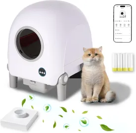 Self Cleaning Cat Litter Box, Large Automatic Cat Litter Box for Multiple Cats with APP Control 68L Large Event Space 4 Rolls Garbage Bags 1 Scent Box (Automatic Litter Box), White&Grey