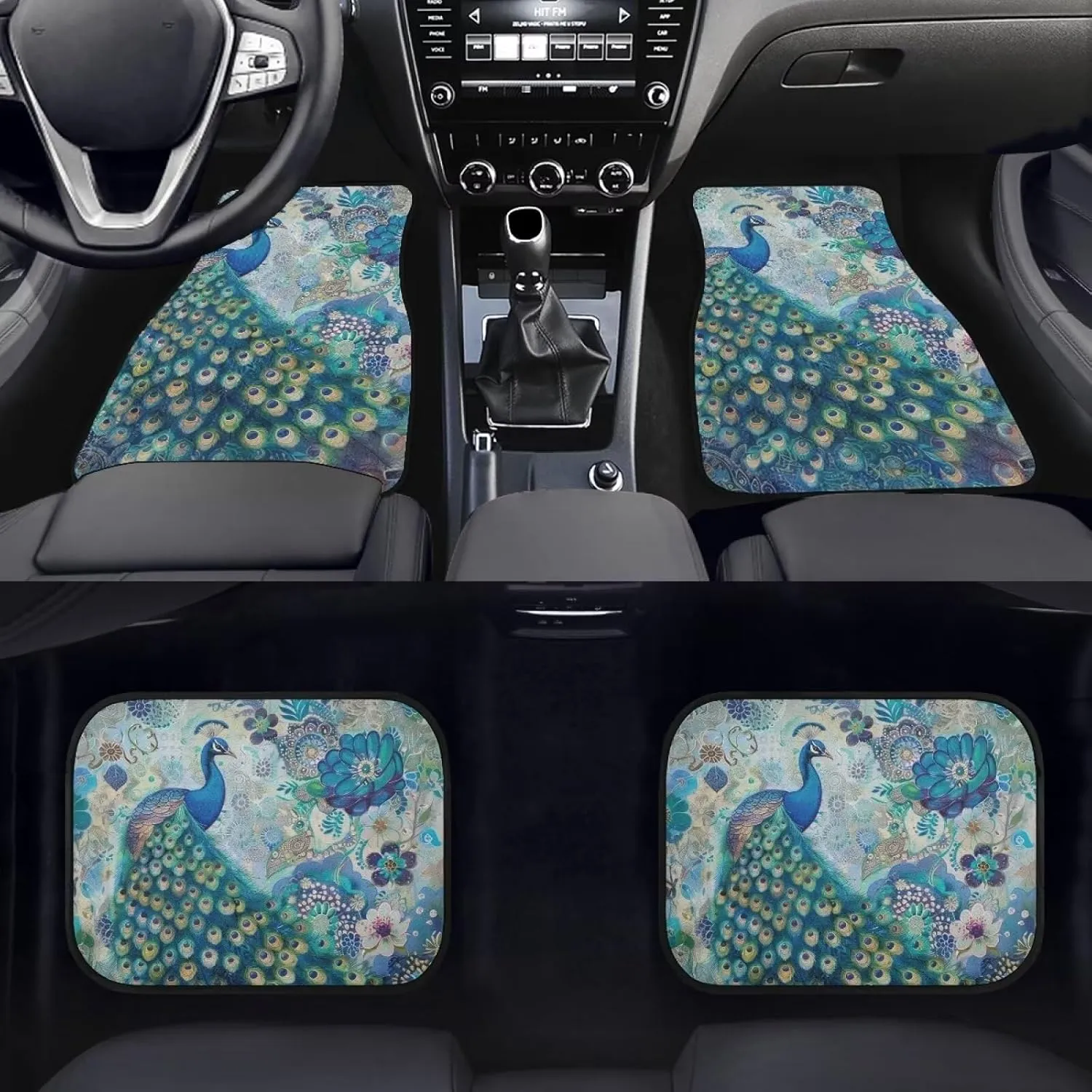 Showudesigns Boho Flower Peacock Car Floor Mats Auto Interior Carpet Girly Car Accessories 4-Piece Full Set Front & Rear Automotive Floor Mat Fit for SUV Sedan Truck Van Turquoise Blue