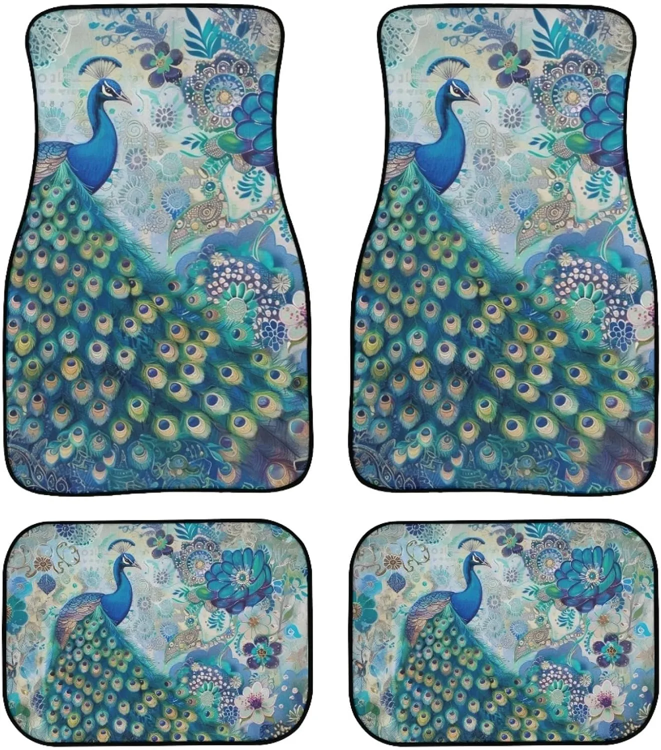 Showudesigns Boho Flower Peacock Car Floor Mats Auto Interior Carpet Girly Car Accessories 4-Piece Full Set Front & Rear Automotive Floor Mat Fit for SUV Sedan Truck Van Turquoise Blue