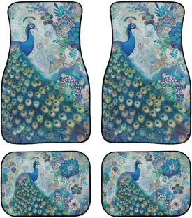 Showudesigns Boho Flower Peacock Car Floor Mats Auto Interior Carpet Girly Car Accessories 4-Piece Full Set Front & Rear Automotive Floor Mat Fit for SUV Sedan Truck Van Turquoise Blue