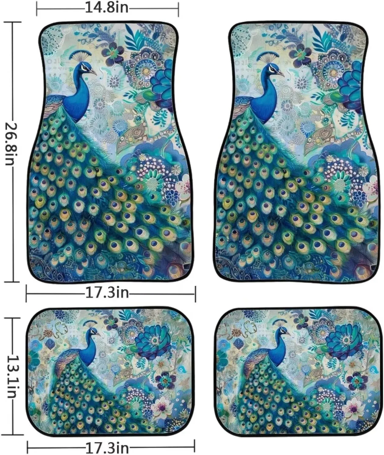 Showudesigns Boho Flower Peacock Car Floor Mats Auto Interior Carpet Girly Car Accessories 4-Piece Full Set Front & Rear Automotive Floor Mat Fit for SUV Sedan Truck Van Turquoise Blue