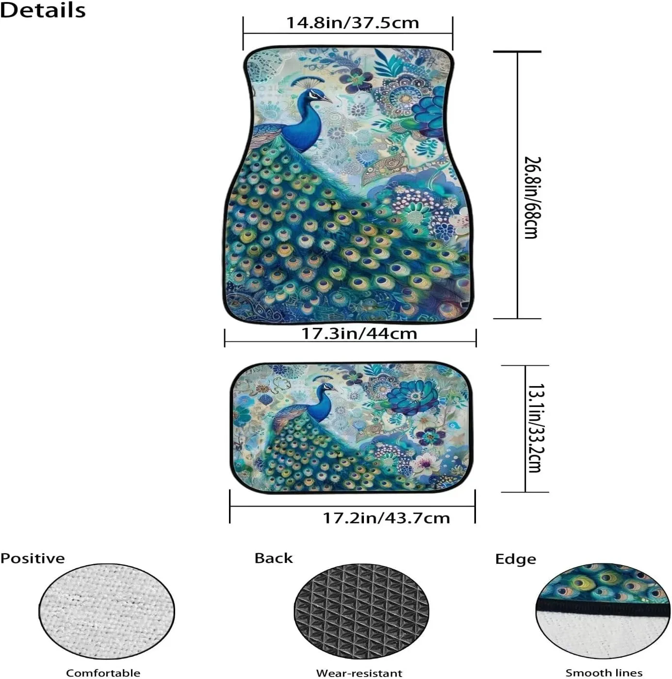 Showudesigns Boho Flower Peacock Car Floor Mats Auto Interior Carpet Girly Car Accessories 4-Piece Full Set Front & Rear Automotive Floor Mat Fit for SUV Sedan Truck Van Turquoise Blue