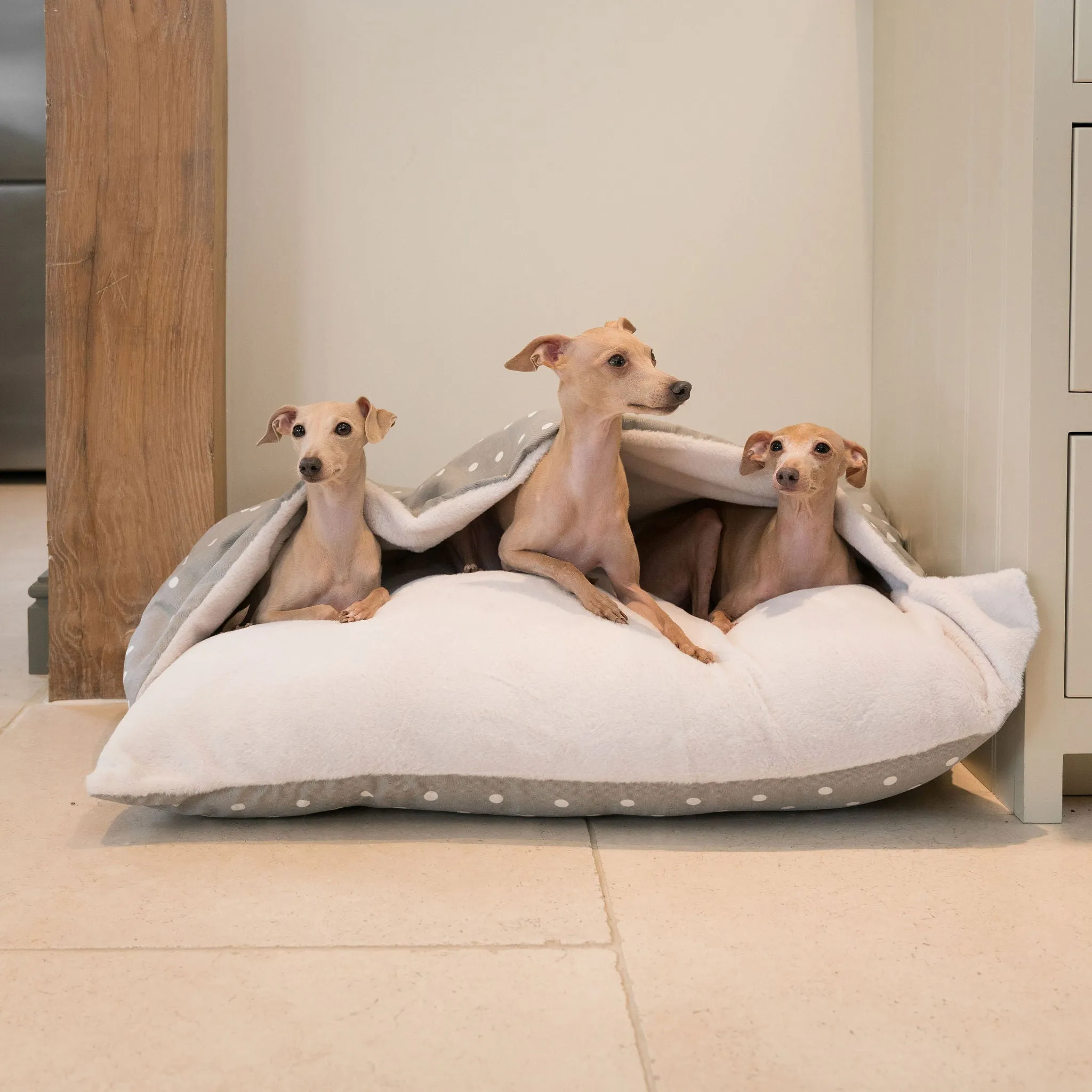 Sleepy Burrows Bed With Removable Cover in Grey Spot by Lords & Labradors