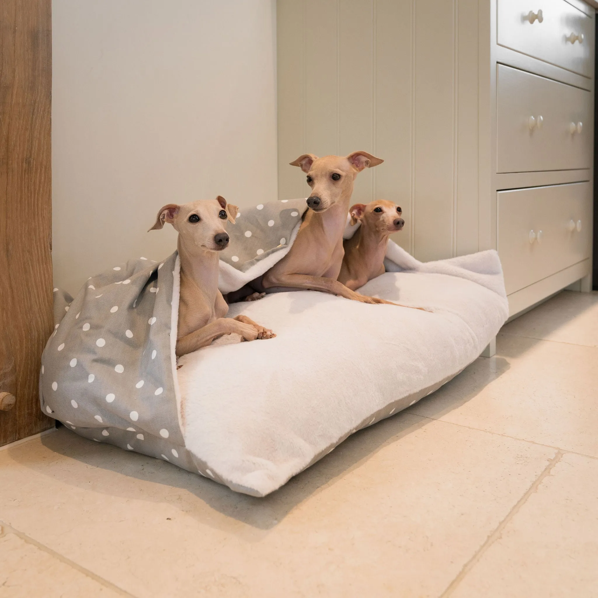Sleepy Burrows Bed With Removable Cover in Grey Spot by Lords & Labradors