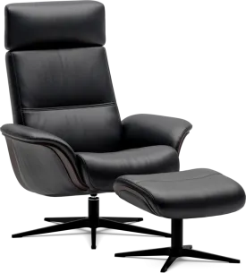 Space 5100 Chair and Ottoman- Tuxedo Leather/Walnut Trim/Classic Polished Base