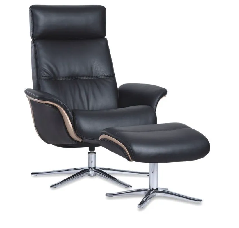 Space 5100 Chair and Ottoman- Tuxedo Leather/Walnut Trim/Classic Polished Base