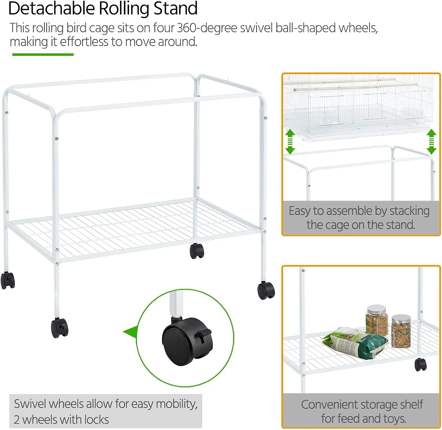 Topeakmart Rolling Stackable 2-Pack Finch Rectangle Flight Bird Cages Breeding Birdcage for Lovebirds Parrots Budgies Parakeets Canaries Cockatiels Conures with Stand, White