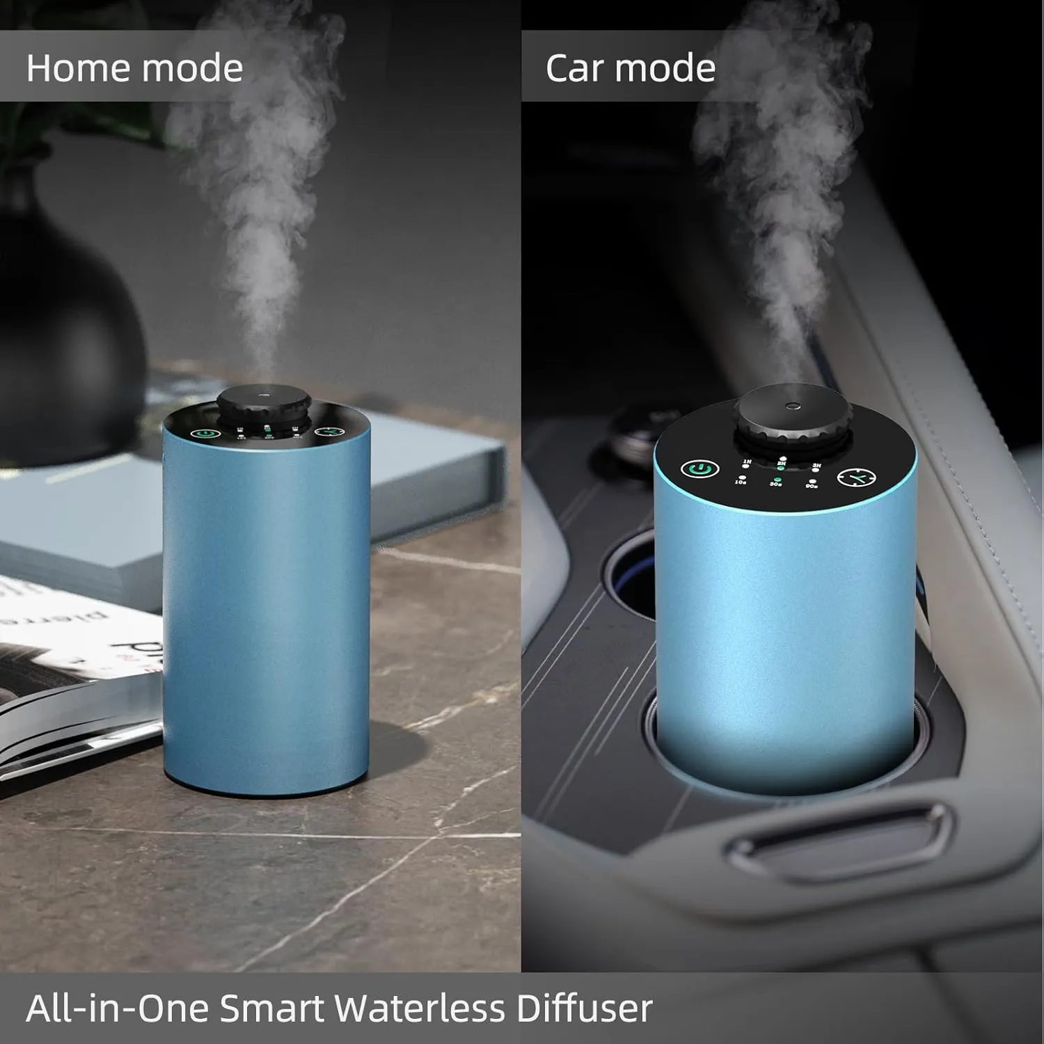 Waterless Car Diffuser for Essential Oil, Battery Operated Smart Air Freshener, Portable Mini Aromatherapy Scent Diffusers, 3 Timers & Mist Levels Cordless Nebulizer for Car Home Room Office, Blue