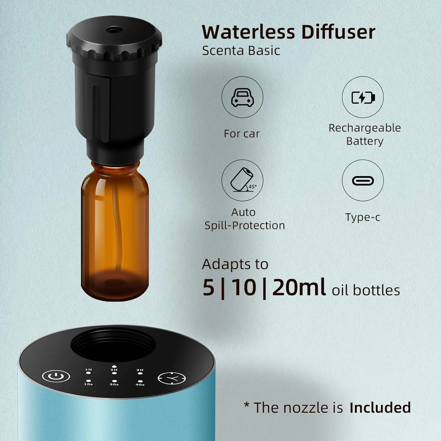 Waterless Car Diffuser for Essential Oil, Battery Operated Smart Air Freshener, Portable Mini Aromatherapy Scent Diffusers, 3 Timers & Mist Levels Cordless Nebulizer for Car Home Room Office, Blue