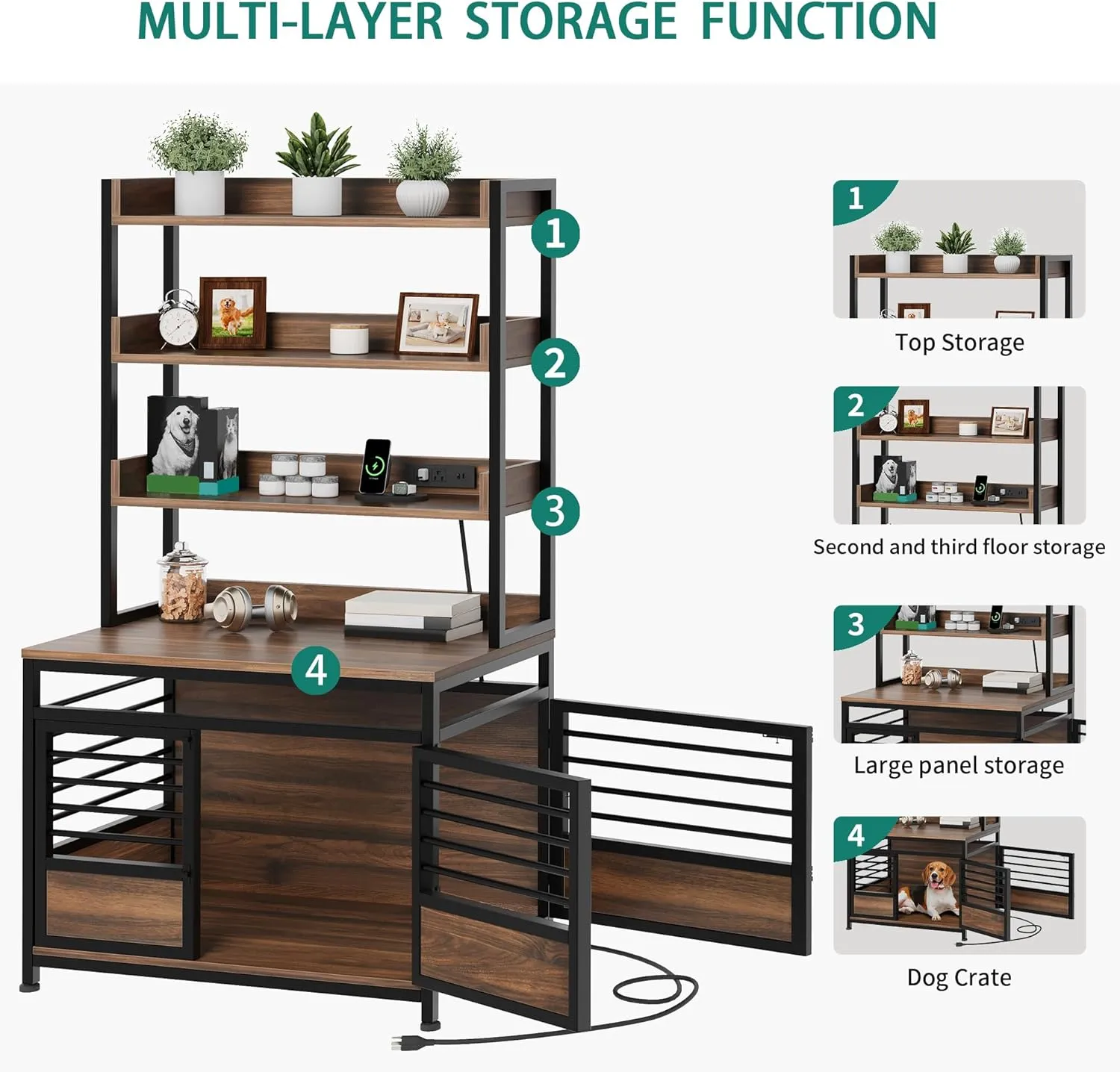 YITAHOME 39 Inch Dog Crate Furniture with Storage Shelves, Wooden Dog Crate for Large Dogs with Power Outlets, Dog Kennel Indoor Furniture Farmhouse Decorative Dog Cage with Double-Doors, Rustic Brown