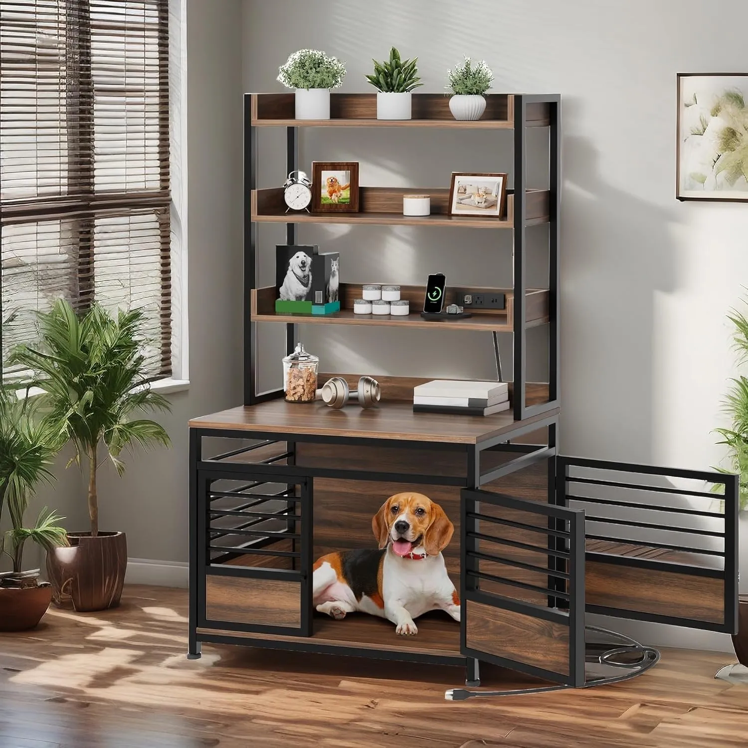 YITAHOME 39 Inch Dog Crate Furniture with Storage Shelves, Wooden Dog Crate for Large Dogs with Power Outlets, Dog Kennel Indoor Furniture Farmhouse Decorative Dog Cage with Double-Doors, Rustic Brown