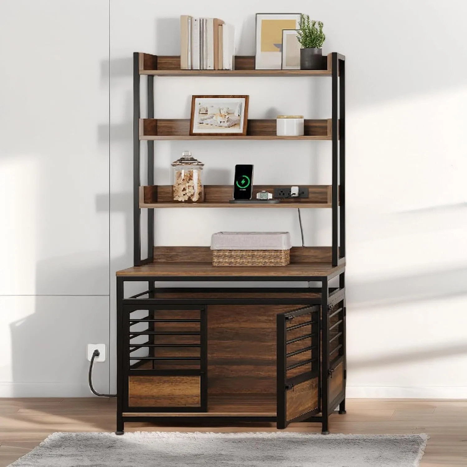 YITAHOME 39 Inch Dog Crate Furniture with Storage Shelves, Wooden Dog Crate for Large Dogs with Power Outlets, Dog Kennel Indoor Furniture Farmhouse Decorative Dog Cage with Double-Doors, Rustic Brown