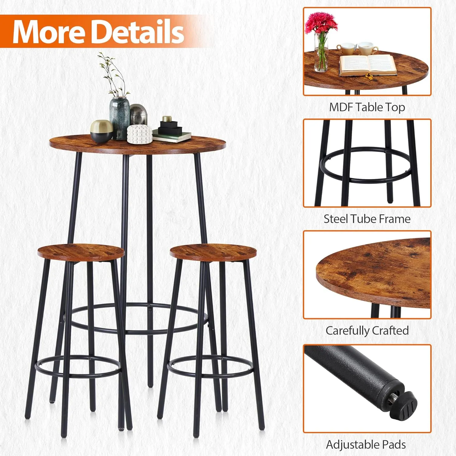 ZENY™ Round Pub Dining Set, 3 Piece Small Kitchen Table Set with 2 Counter Height Wood Bar Stools for Kitchen Breakfast, Living Room, Small Space, Rustic Brown
