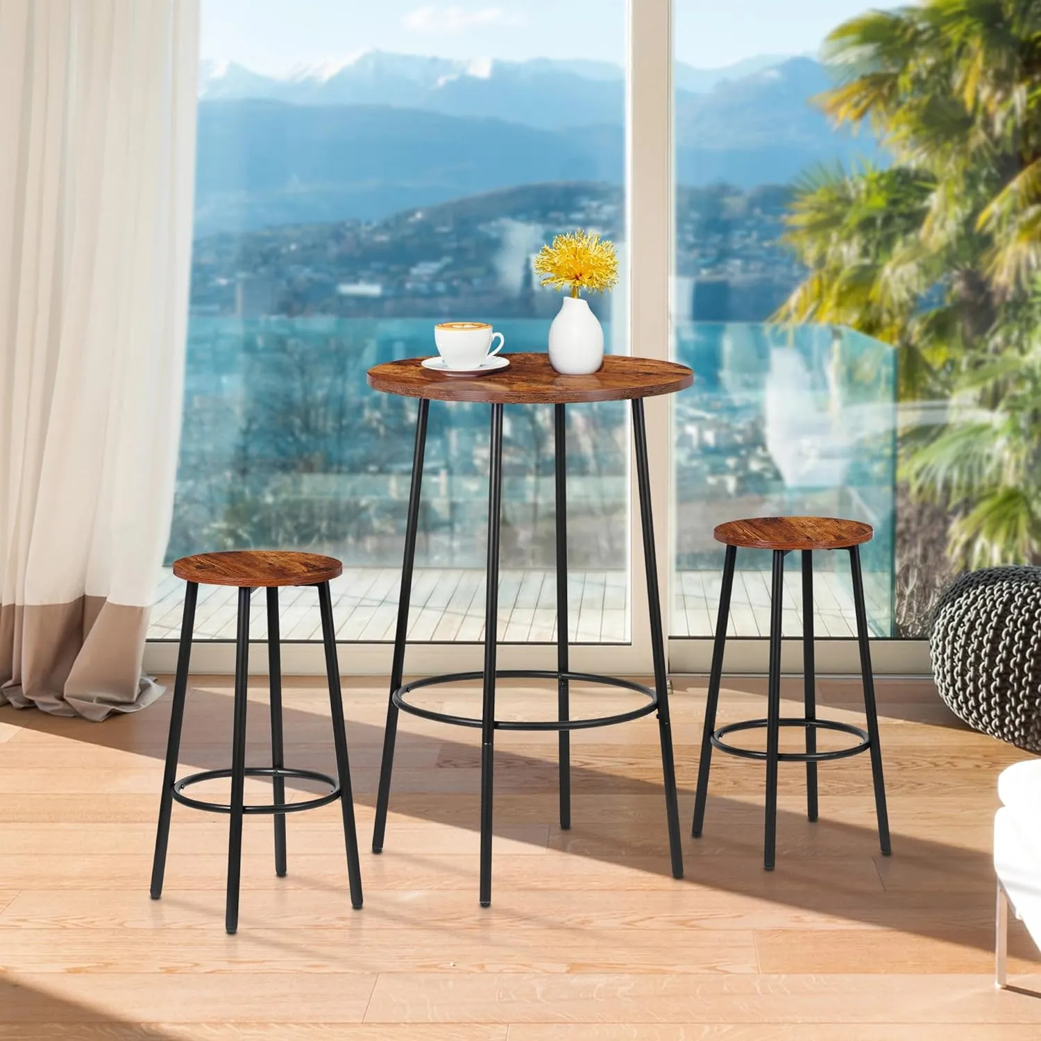 ZENY™ Round Pub Dining Set, 3 Piece Small Kitchen Table Set with 2 Counter Height Wood Bar Stools for Kitchen Breakfast, Living Room, Small Space, Rustic Brown
