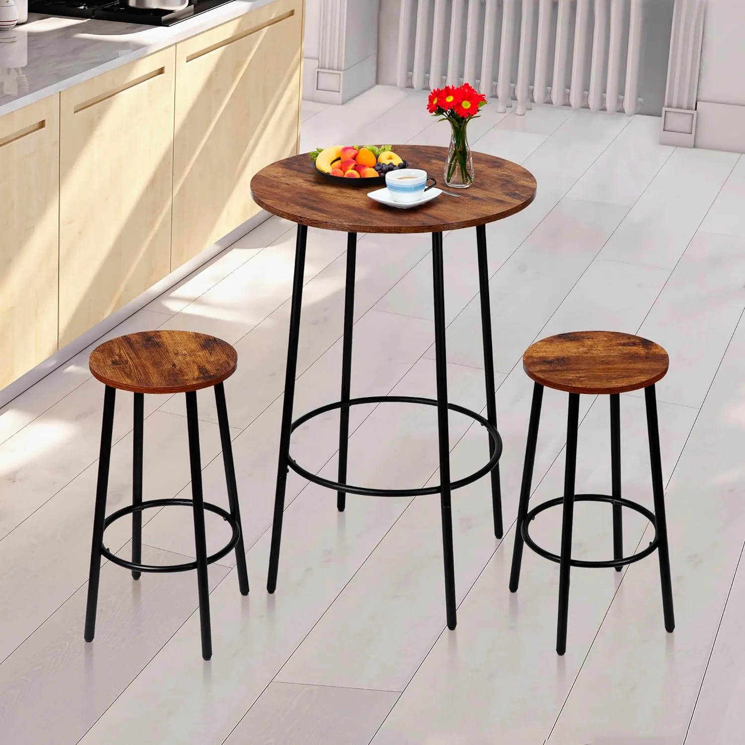 ZENY™ Round Pub Dining Set, 3 Piece Small Kitchen Table Set with 2 Counter Height Wood Bar Stools for Kitchen Breakfast, Living Room, Small Space, Rustic Brown